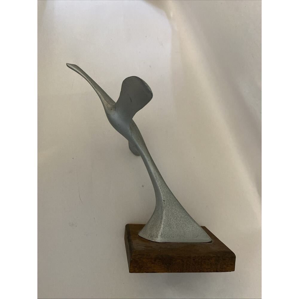 Mid Century Modern Cast Aluminum Sculpture Abstract Bird Wood Base 8"x8"